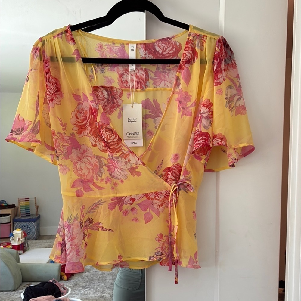 Mango Yellow Flutter Sleeve Wrap Blouse - Picture 5 of 9